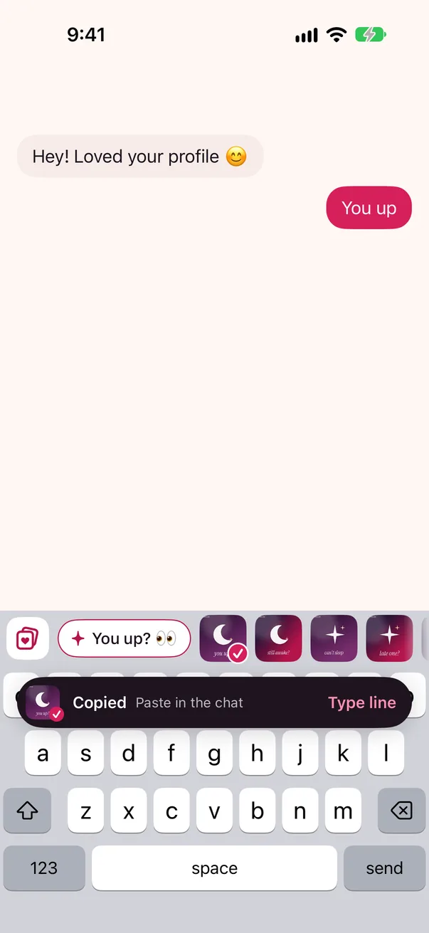 A “Copied, paste in the chat” message over the keyboard, with a Type line button.