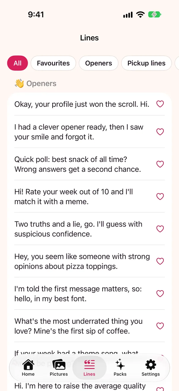 The Lines screen in the CuteMove app, listing openers with a heart to favourite each one.