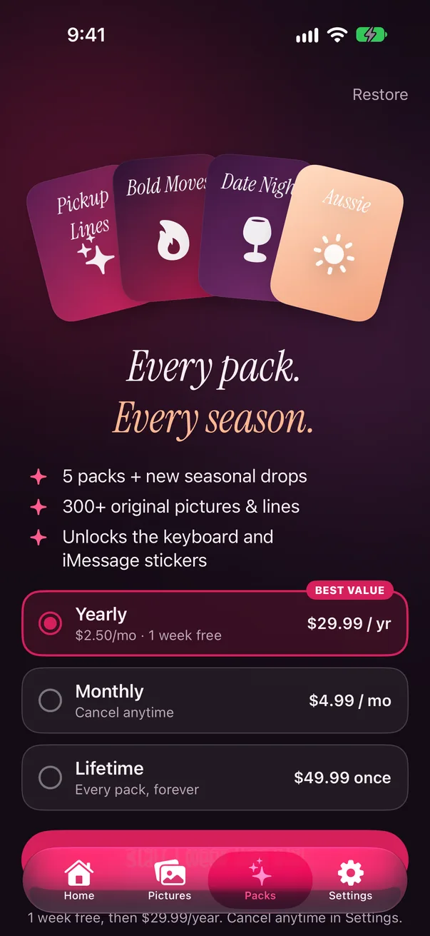 The Packs screen: Every pack, every season, with Yearly, Monthly and Lifetime plans.