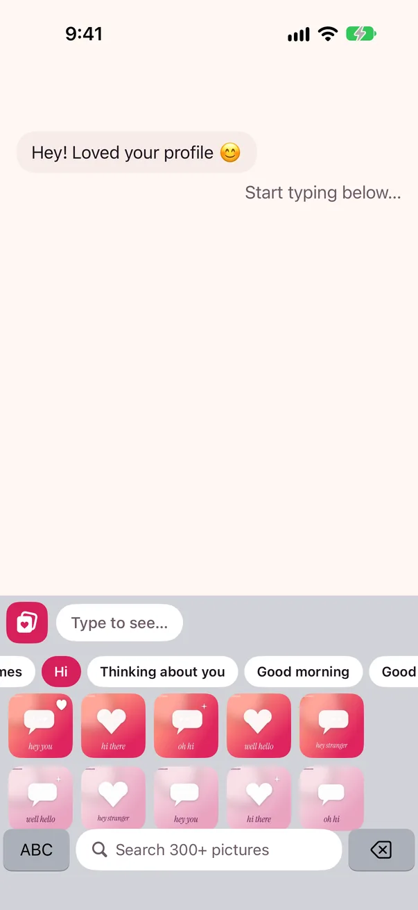 The picture panel with vibe tabs such as Hi, Thinking about you and Good morning, and a grid of pictures.